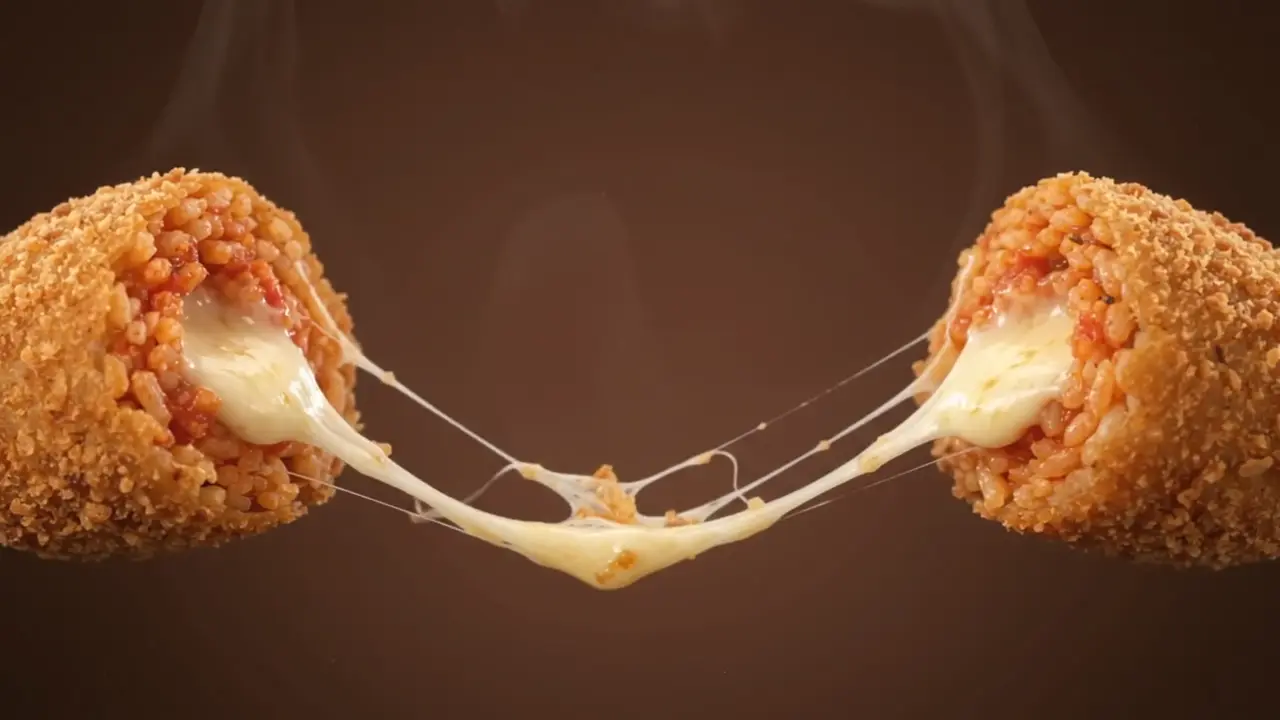 Un supplì spezzato a metà: tra le due metà si allunga un filo di mozzarella fusa